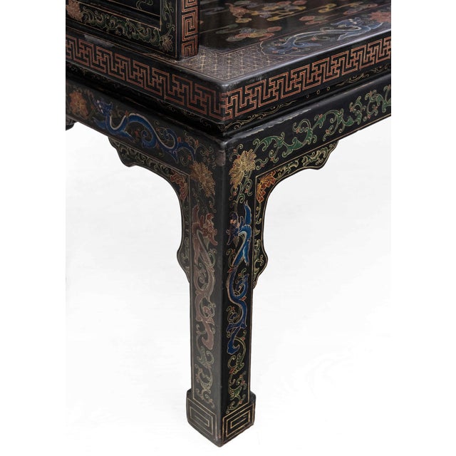 Wood Chinese Black Lacquer Gilt and Polychrome Painted Bench Seats, 1920s, Set of 2 For Sale - Image 7 of 18