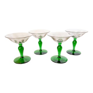 Antique Art Nouveau Green Blown Glass Coupes - Set of 4 For Sale