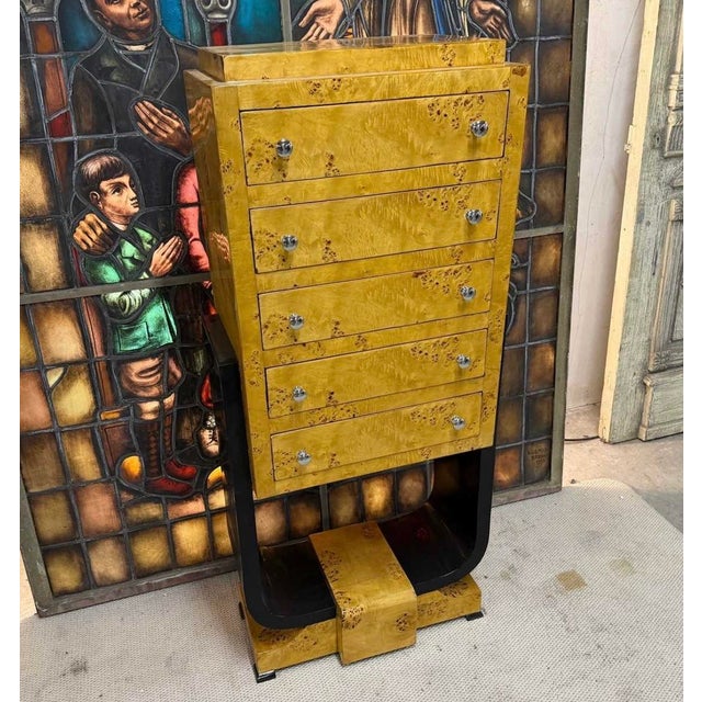 Mid-Century Modern Postmodern Burl Wood Semainier Chest with Waterfall Black Lacquer Base, 1970s For Sale - Image 3 of 4