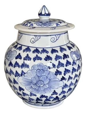 Fine Porcelain Lotus Flower Blue & White Ginger Jar