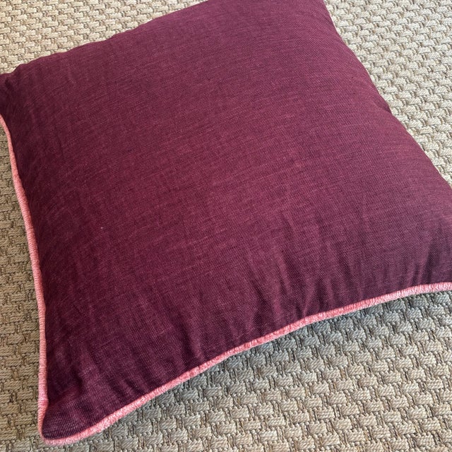 Contemporary Contemporary Linen Pillow in Eggplant Purple With Pink Trim For Sale - Image 3 of 7