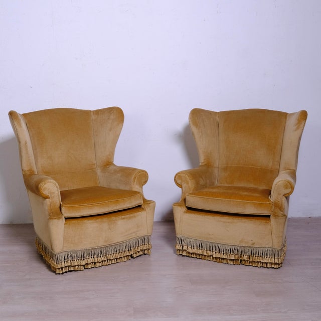 Set of Highback Armchairs in Beige Velvet with Wooden Legs, 1970s For Sale - Image 16 of 18