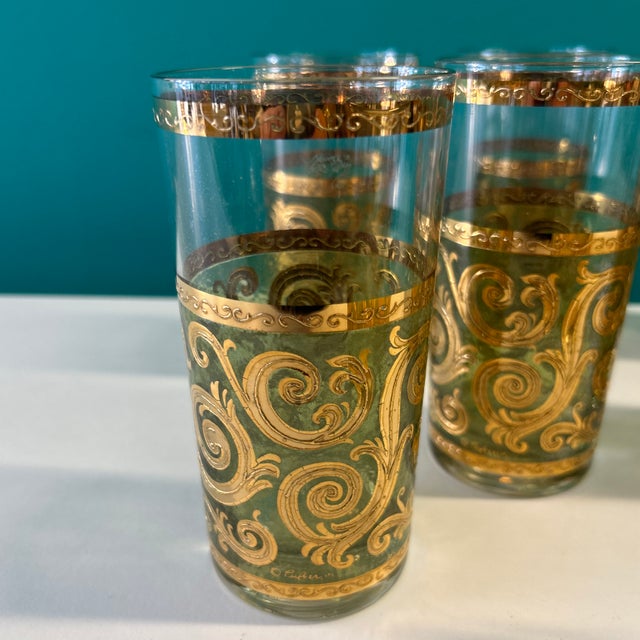 1960s Culver LTD Green Glass and Applied Gold Cocktail Service Highballs and Ice Bucket - 9 Pieces Signed For Sale - Image 9 of 9