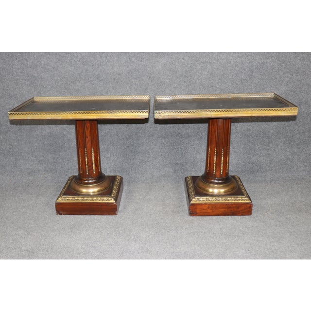 Pair of French Directiore Style Marble Top Pedestal & Brass Mounts End Tables For Sale In Philadelphia - Image 6 of 11