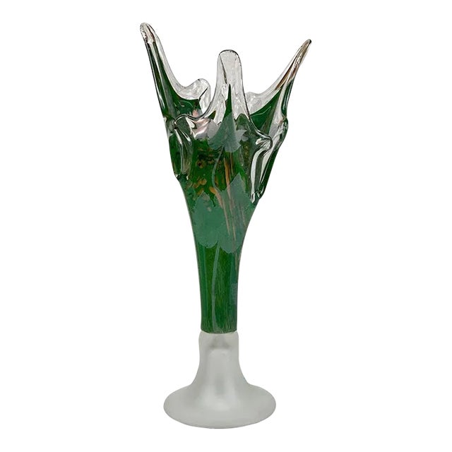 Vintage Large Italian Green Art Glass Etched Grapevine Stretch Vase For Sale