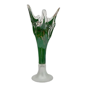Vintage Large Italian Green Art Glass Etched Grapevine Stretch Vase
