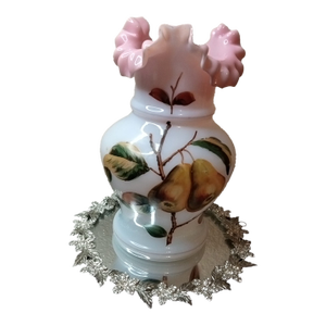 1960s Victorian Glass Pink Cased Milk Glass Vase