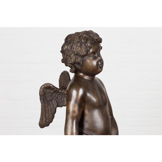 Lost Wax Bronze Statue of a Winged Cherub Standing on a Shell in Dark Patina For Sale - Image 9 of 12