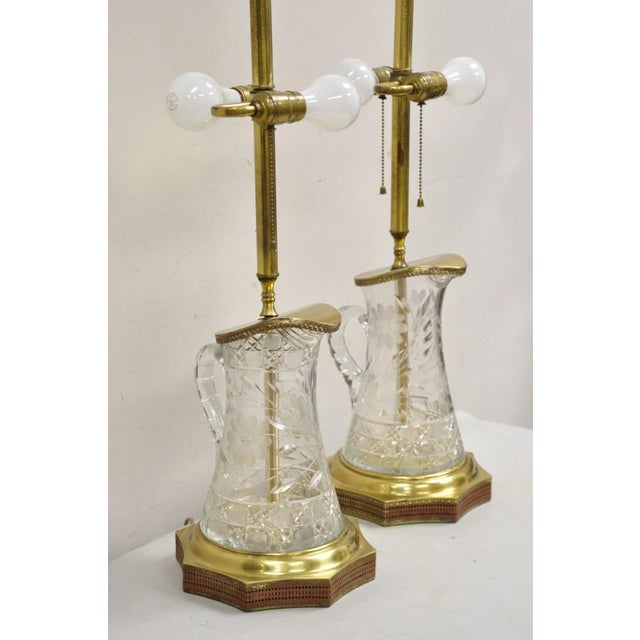 Art Nouveau Mid 20th Century Art Nouveau Brass & Cut Glass Water Pitcher Form Table Lamps - A Pair For Sale - Image 3 of 12
