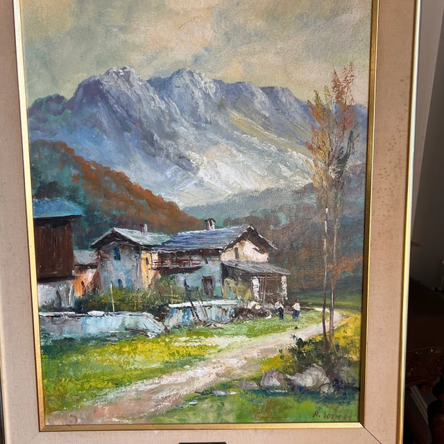 Rustic European Oil on Canvas Made by Emilio Giuseppe Dossena Signed Framed Mountain Village For Sale - Image 3 of 8