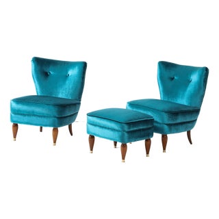 1940's Italian Petitte Slipper Chairs and Ottoman in Velvet Upholstery For Sale