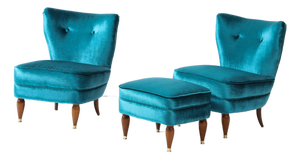 1940's Italian Petitte Slipper Chairs and Ottoman in Velvet Upholstery