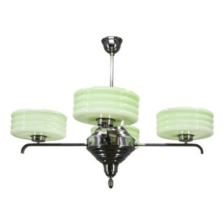Art Deco Green Opaline Glass Chandelier, Former Czechoslovakia, 1930s For Sale