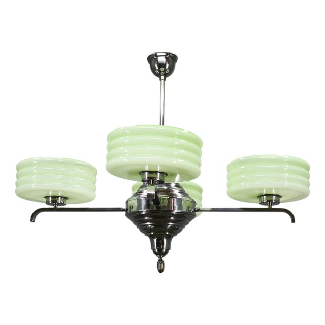 Art Deco Green Opaline Glass Chandelier, Former Czechoslovakia, 1930s For Sale