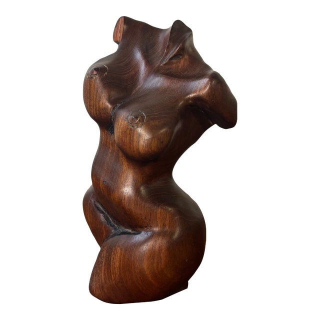 Vintage Studio Hand Carved Mahogany Female Torso Sculpture For Sale