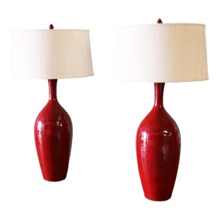 1960s Monumental Vintage Designer Italian Style Red Ceramic Table Lamps - A Pair For Sale
