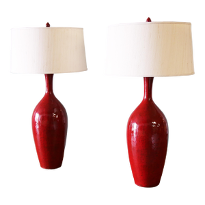1960s Monumental Vintage Designer Italian Style Red Ceramic Table Lamps - A Pair