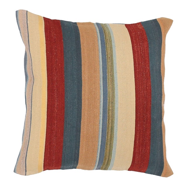Arteverk Handwoven Reversible Wool Kilim Floor Pillow — Red & Blue Stripe (29") For Sale