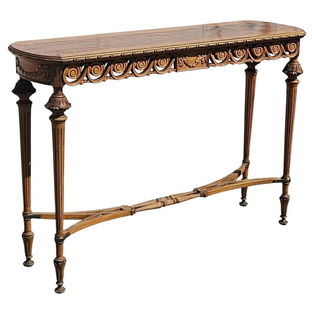 19th Century Louis XVI Handcarved Walnut Console Table with Burlwood Inlay For Sale - Image 4 of 18