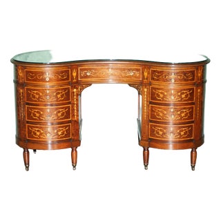 Victorian Marquetry Inlaid Hardwood Kidney Library Desk For Sale