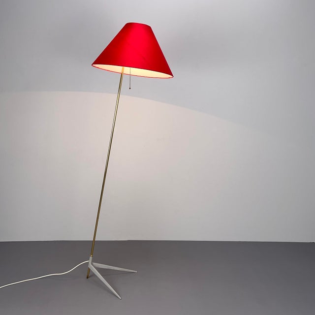 Floor Lamp with Crows Foot and Red Silk Lampshade, 1950s, in Restored conditions. Designed 1950 to 1959 European Plug (up...