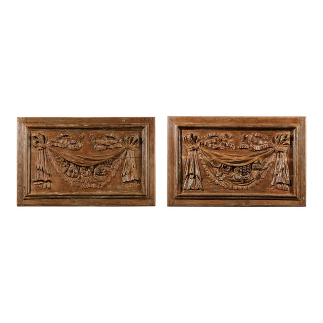 18th Century Architectural Panels with Swags Hand Carved in Low-Relief - A Pair For Sale
