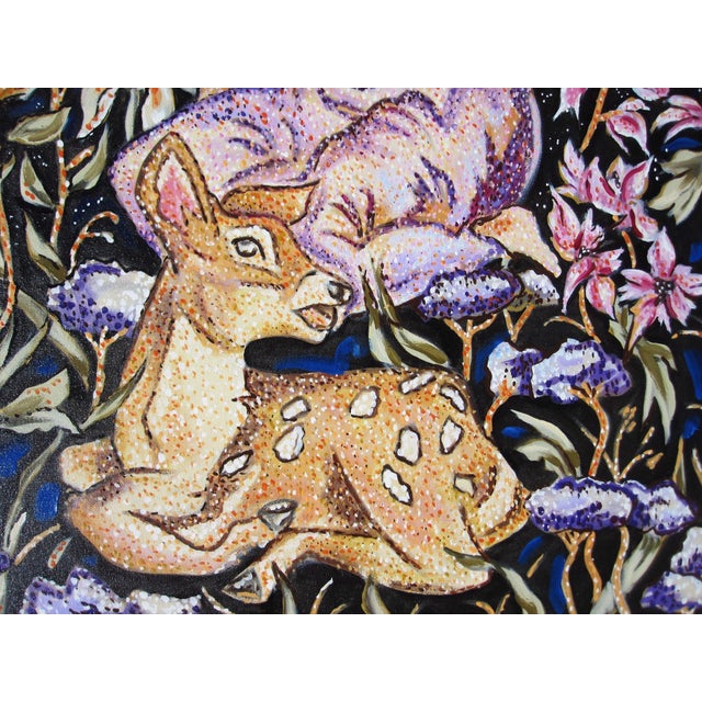 Contemporary We are Star-Stuff by Louis Recchia | Oil on canvas Two figures among flowers and a deer in a starry scene. For Sale - Image 3 of 3