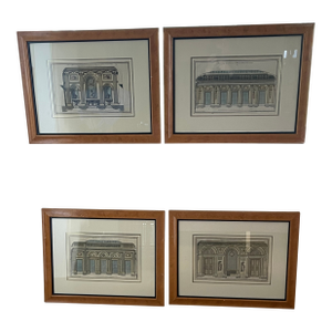 Set of Four Antique French Prints, Framed With Burled Wood Walnut Frames