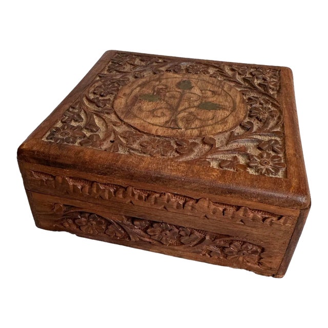 Hand Carved Wood Box With Brass Inlay For Sale