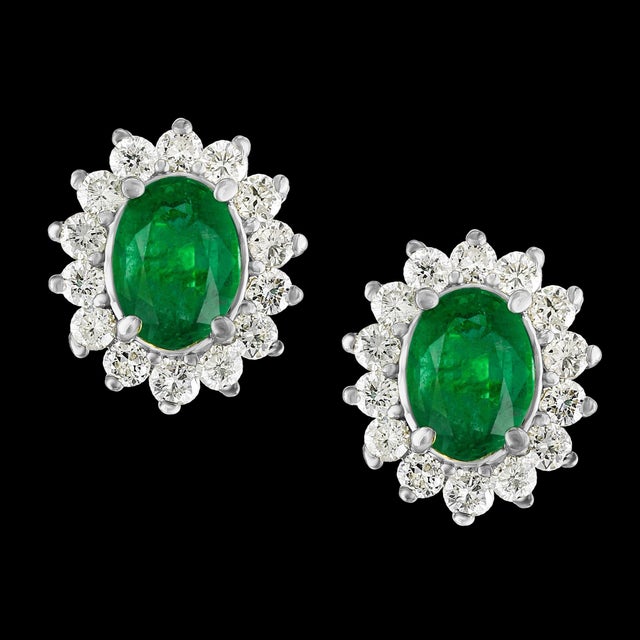 8 Carat Oval Shape Emerald and Diamond Post Back Earrings 14 Karat White Gold For Sale - Image 17 of 18