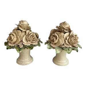 French Majolica Spray Roses Topiaries, Pair