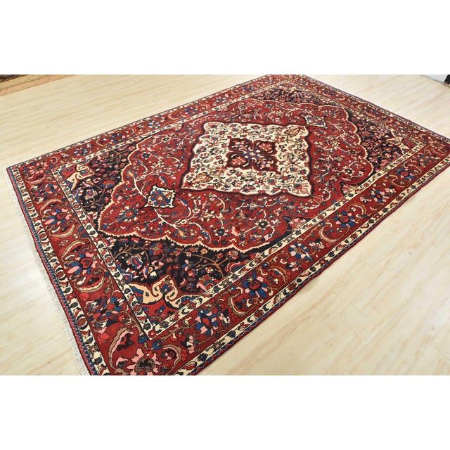 Farmhouse Bakhtiari Rug 6'11'' X 10'5'' Red Wool Semi-Antique Hand-Knotted Oriental Carpet For Sale - Image 3 of 14