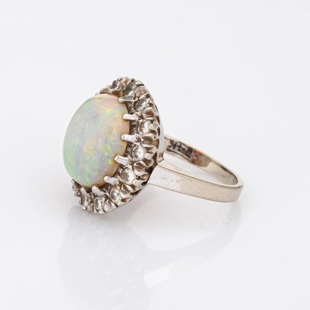 Vintage Natural Opal Diamond Ring 14k White Gold Cocktail Oval Estate Jewellery size 4.5 For Sale - Image 4 of 7