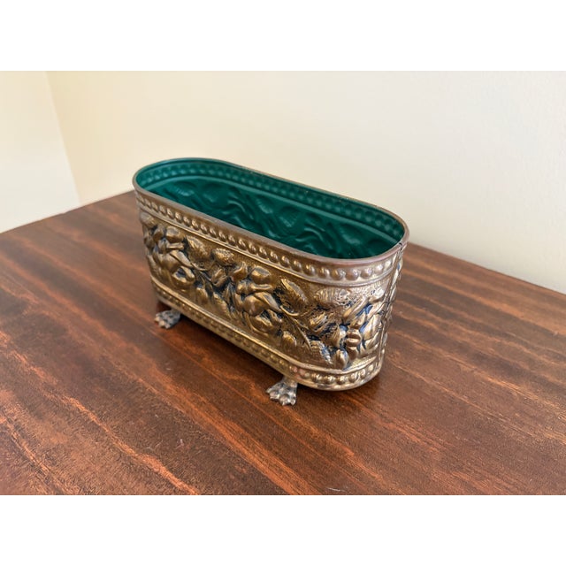 English Brass Repoussé Rose Cachepot With Paw Feet, Mid-20th Century For Sale - Image 4 of 11