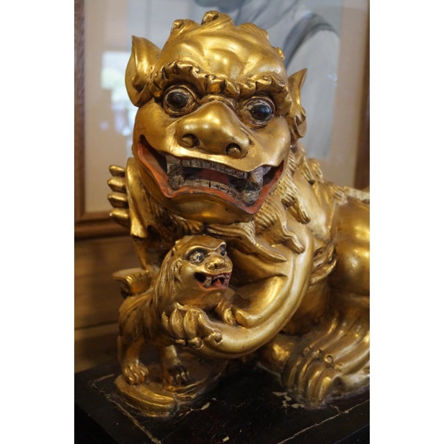 Large Pair of 1940s Japanese Carved Wood Foo Dogs For Sale - Image 4 of 11