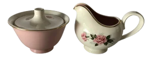 Vintage Mid-Century Pink Rose Pattern Lidded Sugar Bowl & Creamer - 2 Pieces