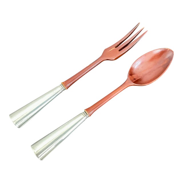 Late 19th Century Sterling Handled Wood Salad Servers For Sale
