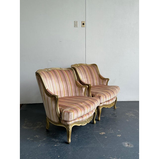 Vintage French Giltwood Striped Devore Bergère Chairs - A Pair For Sale - Image 17 of 18