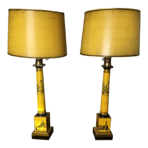 Pair of Antique Tole Lamps With Napoleon Transfer