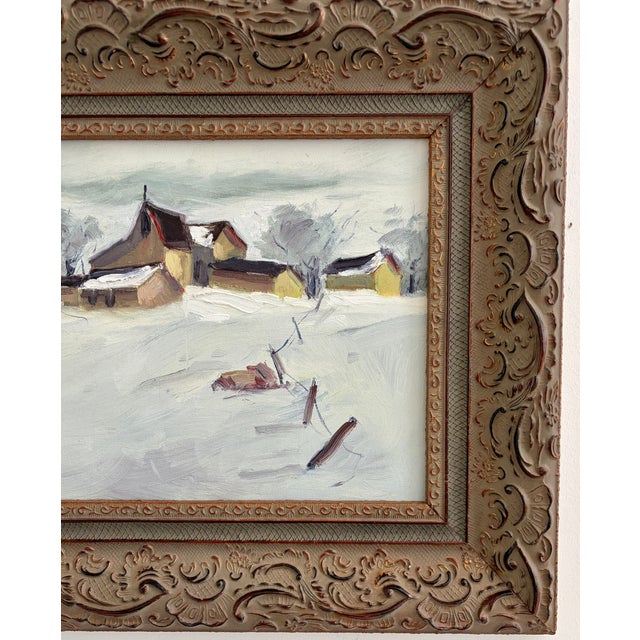 Post Impressionist Vintage Original Oil Painting on Board – Snowy Farm and Barn Winter Landscape – Ornate Frame For Sale - Image 3 of 17
