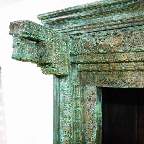 Indian Carved Wood Bookshelf with Green Patina