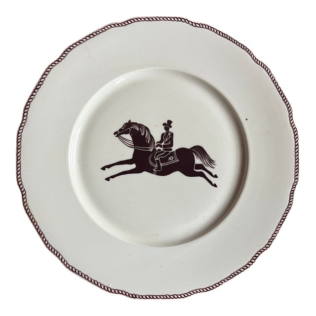 Large French Paris Porcelain Art Deco Charger Plate With Equestrian Silhouette of Horse & Rider Manner of Gio Ponti Signed Primavera For Sale