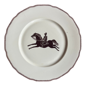 Large French Paris Porcelain Art Deco Charger Plate With Equestrian Silhouette of Horse & Rider Manner of Gio Ponti Signed Primavera