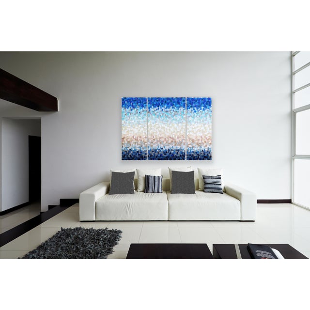 Blue Triptych Sunset - Original Contemporary Impasto Abstract Triptych Acrylic Painting on Canvas For Sale - Image 8 of 9