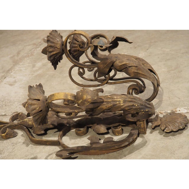 Set of Four Vintage French 3-Arm Iron and Tole Sconces, Distressed Gilt Finish For Sale - Image 12 of 18