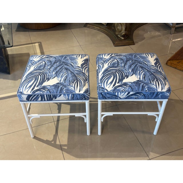 1970s Vintage Pair Faux Bamboo Metal Benches Ottomans Stools Blue & White Palms For Sale - Image 5 of 12