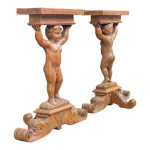 Early Neo-Classical Revival Carved Fruitwood Italian Putti Side Tables, Pair