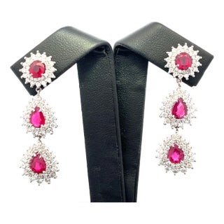 Platinum Double Dangle Diamond Halo Gubelin Certified Red Ruby Earrings, A Pair For Sale