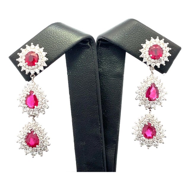 Platinum Double Dangle Diamond Halo Gubelin Certified Red Ruby Earrings, A Pair For Sale