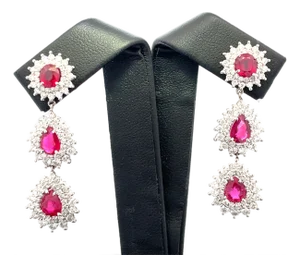 Platinum Double Dangle Diamond Halo Gubelin Certified Red Ruby Earrings, A Pair